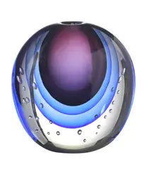 Luigi Onesto, MURANO ART GLASS VASE, The flattened oval shape with layers of blue and purple glass and clear glass bubbles, signature to base