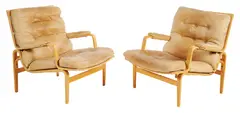PAIR OF LOUNGE CHAIRS & OTTOMAN FOR DUX by Bruno Mathsson, Beige button back leather on bentwood frame, sold Sep 2020