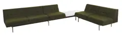 George Nelson, MODULAR SETTING FOR HERMAN MILLER, Olive button-back wool upholstery on chrome frame. Laminated corner table