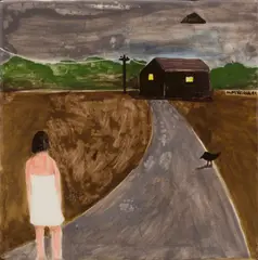 Noel McKenna, Road with Girl, Bird, Home 1999 hand painted ceramic tile, 1999, hand painted ceramic tile