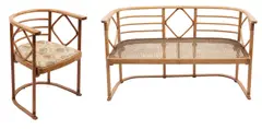 FLEDERMAUS SETTEE INCLUDING ARMCHAIR by Josef Hoffmann, Armchair with upholstery, settee rattan, sold Apr 2019