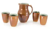 Gwyn Hanssen-Pigott, Jug and Four Beakers wood fired and glazed porcelain