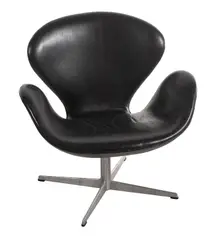 SWAN CHAIR FOR FRITZ HANSEN by Arne Jacobsen, Black leather on polished aluminium, sold Jul 2017