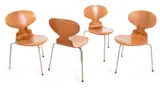 SET OF FOUR ANT CHAIRS FOR FRITZ HANSEN by Arne Jacobsen, Plywood on chromed 3 legs, sold Apr 2017