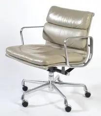 Soft Pad series Model EA435 chair by Charles and Ray Eames, Grey leather and aluminium, sold Dec 2015