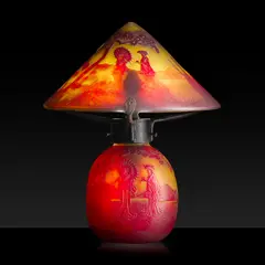 Muller Frères, LANDSCAPE CAMEO GLASS TABLE LAMP, overlaid and acid-etched glass