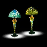 Galle, TWO CAMPANULES CAMEO GLASS TABLE LAMPS, overlaid and acid-etched glass