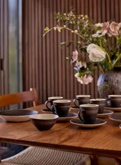 SET OF SIX CUPS & SAUCERS AND SIX SIDE PLATES, c.1955-8 by Lucie Rie, 1955, stoneware, sold May 2026
