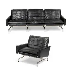 SOFA AND CHAIR, DESIGNED 1958 by Poul Kjaerholm, 1958, steel and leather, offered May 2026