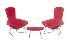 PAIR OF 'BIRD' CHAIRS AND AN OTTOMAN, DESIGNED 1952 by Harry Bertoia, 1952, chrome plated steel and original period upholstery (3), offered May 2026