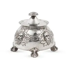 Omar Ramsden, ARTS & CRAFTS 'COMEDY AND TRAGEDY' SALT, 1916, 1916, repoussé-decorated silver