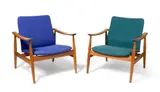 PAIR OF ARMCHAIRS, DESIGNED 1958 by Finn Juhl, 1958, teak and fabric upholstery, sold Oct 2025