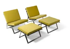 William Plunkett, PAIR OF 'WESTERHAM' CHAIRS AND STOOLS, brushed steel and chenille/velvet upholstery