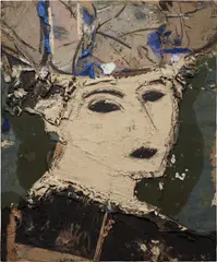 Manolo Valdés, Joelle sobre fondo verde oscuro, 2009, oil and twine on burlap