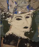 Manolo Valdés, Joelle sobre fondo verde oscuro, 2009, oil and twine on burlap
