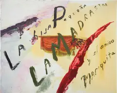 Julian Schnabel, La Hija Pequeña, la Madrastra y el Amigo Mariquita (The Little Daughter, The Stepmother and the Friend Ladybug), 2000, oil, wax, decal and resin on canvas