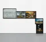 Matthew Day Jackson, Bullet Hole Constellation, 2008, chromogenic print, paint, poster and paper collage, in artist's frame with bulletshot glass, in 5 parts