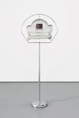 Troy Abbott, Deco Cage (Red Bird), 2013, found object, Abs video and retrofitted computer parts