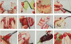 Marilyn Minter, 12 works from 100 Food Porn, 1990, enamel on metal, in artist's metal frame