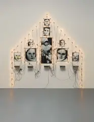 Christian Boltanski, Untitled from the Monument Odessa, 1989, gelatin silver prints, metal biscuit tins, electric lightbulbs, sockets and electric wires
