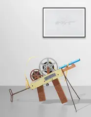 Francis Alÿs, Camgun (gun number 52), 2005-2006, (i) graphite on vellum (ii) wood, metal, plastic, film reels and film
