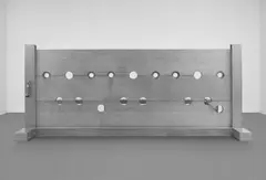 Cady Noland, Tower of Terror, 1993-1994, cast aluminum stockade, bench, link chain, padlocks, key
