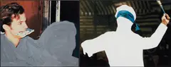 John Baldessari, Figure (With Money) and Knife Thrower (With Blue Blindfold), 1990, vinyl and acrylic on chromogenic print, in 2 parts