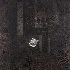 Matthew Day Jackson, Family Portrait on the Moon, 2012, burnt wood and Formica on panel, in artist's frame