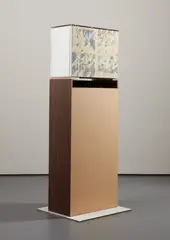 Nikolas Gambaroff, Untitled, 2011, newspaper collage on canvas, fabric on canvas and tape, mounted with metal brackets to found shelf
