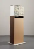 Nikolas Gambaroff, Untitled, 2011, newspaper collage on canvas, fabric on canvas and tape, mounted with metal brackets to found shelf