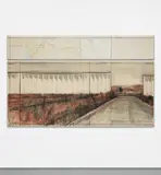 Christo, Running Fence (Project for Sonoma County and Marin County, State of California), 1976, charcoal, pastel, wax crayon and printed paper collage on paper, in artist's Plexiglas box, in 2 parts