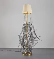 Tunga, Revolution, 2007, brass, cast aluminum, black chromatized aluminum, braided iron wires covered with nylon, fabric lamp shade, wiring, light bulb