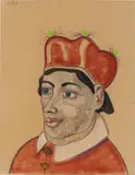 George Condo, Cardinal with Three Emeralds, 1994, colored pencil and pastel on velvet paper