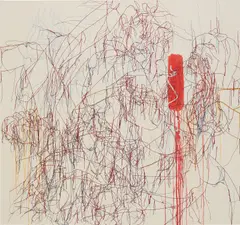 Ghada Amer, The Dance on Red Rhythm, 2004, acrylic, gel and embroidery on canvas