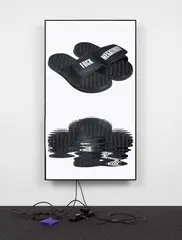 Cory Arcangel, FN Slides / Lakes, 2016, 1920x1080 H.264/MPEG-4 Part 10 looped digital file (from 11 lossless TIFS), media player, 75” flatscreen, armature and various cables