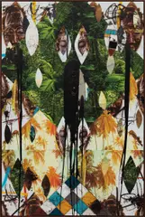 Rashid Johnson, Untitled Escape Collage, 2018, ceramic tile, mirror tile, red oak flooring, vinyl, spray enamel, oilstick, black soap and wax, mounted to board