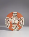 Pablo Picasso, White owl on red ground (Hibou blanc sur fond rouge), 1957, Red earthenware round dish with engraving, painted in black and white with partial brushed glaze