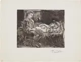 Pablo Picasso, Garçon et dormeuse à la chandelle (Boy and Sleeping Woman by Candlelight), plate 26 from La Suite Vollard, 1934, Etching, engraving and aquatint, on Montval paper watermarked Montgolfier , with full margins