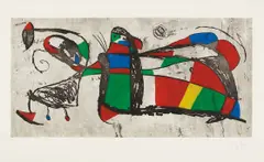 Trés Joans (Three Joans) by Joan Miró, 1978, Etching and aquatint in colors, on Arches paper, with full margins, sold Apr 2018