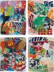 Sam Gilliam, Ichi; Two; Tre; and Cuatro, 1994, Four monoprints with screenprint, collage, acrylic, stitching and embossing in colors, on handmade paper, the full sheets