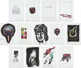 Jots and Tittles by Raymond Pettibon, 1998, The complete set of 12 lithographs with unique text and hand-coloring in watercolor, on Rives BFK paper, the full sheets, sold Apr 2018