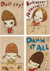 Yoshitomo Nara, Don't Cry; Backwards and Forwards; Broken Treasures; and Damn It All, 2012, The complete set of four Ukiyo-e woodcuts in colors, on Japanese paper, the full sheets
