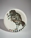 Bird with worm (Oiseau au ver) by Pablo Picasso, 1952, White earthenware turned round ash-tray, painted in white and black; ceramic, Madoura edition, sold Apr 2018