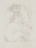 Pablo Picasso, Sculpteur, modèle accroupi et tête sculptée (Sculptor, Sitting Model and Carved Head), plate 39, from La Suite Vollard, 1933, Etching, on Montval laid paper watermarked Picasso, with full margins