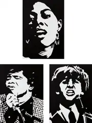 Robert Stanley, Dionne Warwick; James Brown; and Ringo, 1965, Three acrylic paintings on illustration board