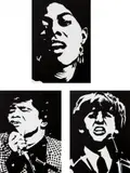 Robert Stanley, Dionne Warwick; James Brown; and Ringo, 1965, Three acrylic paintings on illustration board