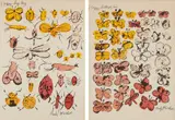 Andy Warhol, Happy Bug Day; and Happy Butterfly Day, 1955, Two offset lithographs with extensive hand-coloring in watercolor, on wove paper, with margins, both laid to wove paper