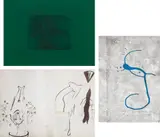 Sigmar Polke, At the Opera (Answer to the Question Whether Sponges Possess Consciousness); Untitled (Flowerpot); and Untitled (Griffelkunst 1988), 1973, 1985 and 1988, Three prints, comprising two offset lithographs and one screenprint in colors, on green flock paper, Schoeller-Turm board and board respectively, the full sheets