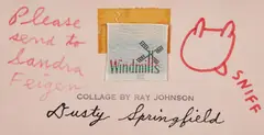 Ray Johnson, Dusty Springfield, 1987, Ink, tape and fabric collage on pink paper