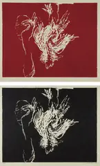 Susan Rothenberg, Dead Rooster (Red); and Dead Rooster (Black), 1993, Two woodcuts in colors, on Korean Kozo paper, with full margins